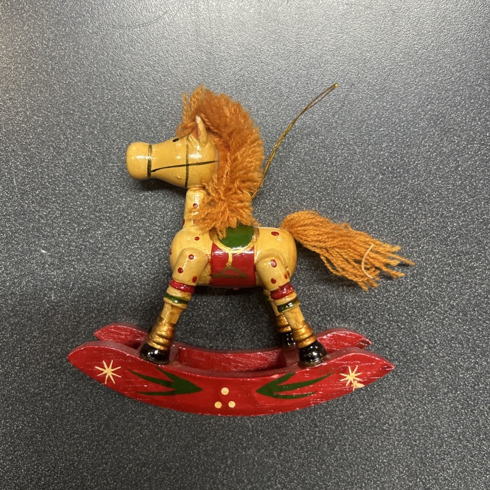 Vintage Christmas Ornament Wooden Rocking Horse Hand painted Barrel Belly Horse
